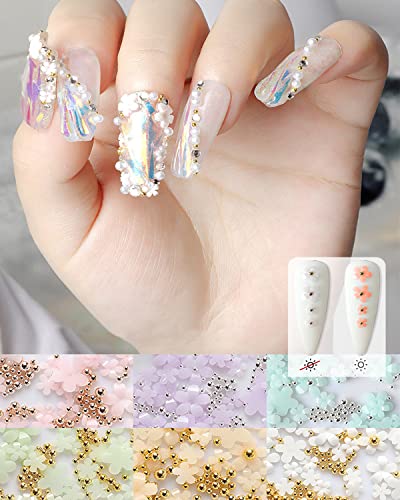 3D Flower Nail Art Charms, 6 Grids 3D Acrylic Nail Flowers Rhinestone Light Change Pink White Blue Cherry Blossom Acrylic Spring Nail Art Supplies With Pearls Manicure Diy Nail Decorations #TOP2