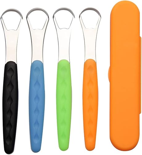 Raspador de lengua, paquete de 4 herramientas de raspado de lengua de acero inoxidable con mango de agarre antideslizante para adultos y niños,