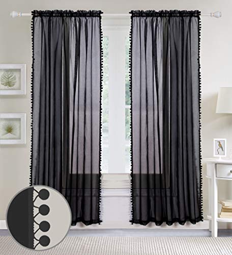 Elegant Comfort Semi-Sheer Pom Pom Tassels Curtains - 2 Panels Set - With 2Inch Rod Pocket - Solid Sheer Curtain Drapes For Living Room, Bedroom, W40 X L84, Black #TOP2