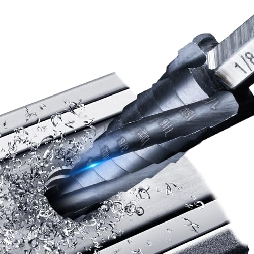 GRENPRO Step Drill Bit, 1/8″-1/2″ Four Spiral Flute Cobalt Step Drill Bit, 1/4″ Hex Shank Step Bit for Stainless Steel, Metal, Aluminum, Copper,Aluminum, Wood, PVC
