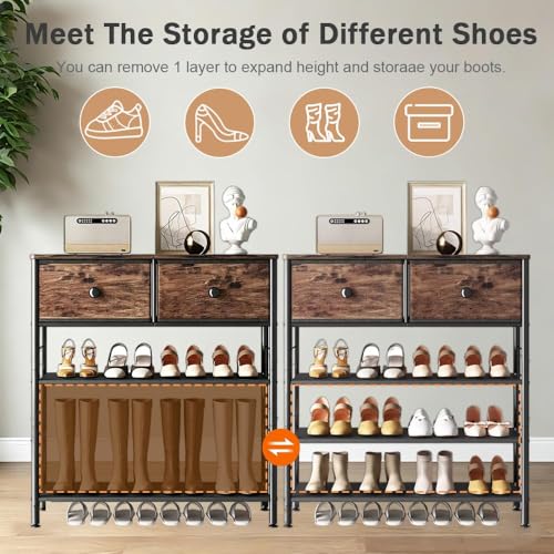 Image of INGIORDAR Shoe Rack Organizer 5 Tier Metal Organizer Shelf with Industrial MDF Board and Layer Fabric for Entryway Closet Bedroom Living Room Garage (Black+Rustic Brown, 4 Tier with 2 Drawers)