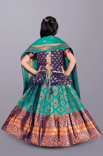 Image of Girls Pattu Pavadai Ready to Wear Lehenga, Blouse & Dupatta Set - Heavy Jacquard Fabric, Fully Stitched