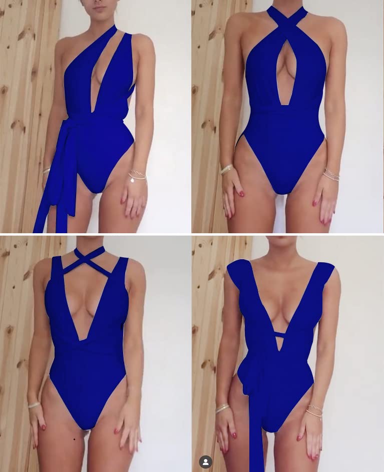 Image of Lilosy Sexy Tie Criss Cross Plunge One Piece Thong Swimsuit High Cut Brazilian Bathing Suit