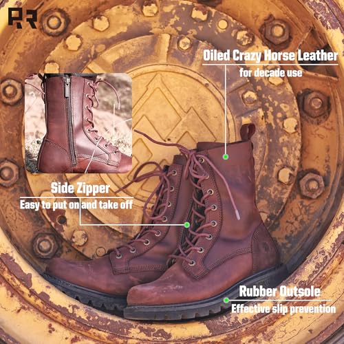 ROCKROOSTER SAP130 Mantua 8" Zipper Motorcycle Boots Combat Casual Dress Boots - Soft Toe Oiled Crazy Horse Leather Work Boots with Slip-Resistant Rubber Sole (Medium Width)3