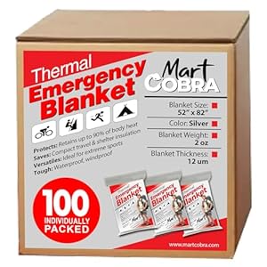Emergency Blankets for Survival Gear and Equipment x100, Space Blanket, Mylar Blankets, Thermal Blanket, Survival Blanket, Survival Kits Emergency Kit, Emergency Supplies, Foil Blanket Camping Shelter