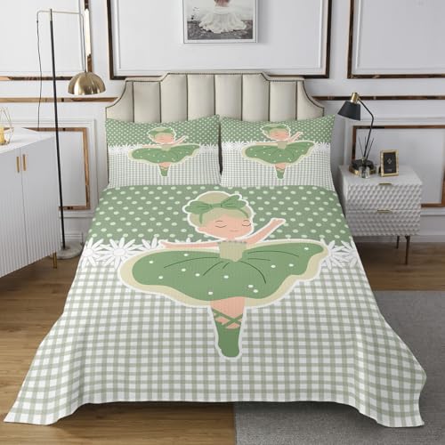 Girly Ballet Bedspread Twin,Dance Theme Princess Style Bedding Bed Cover,Kawaii Polka Dot Printed 2 Pieces Coverlet Set with 1 Pillowcase,Green Geometry Plaid Bed Cover Sets for All Season