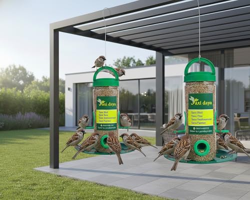 Image of Bird Feeder for Garden & Balcony (Pack of 2) | Hanging Seed Feeder with Tray | Outdoor Bird Feeding Container for Sparrows & Small Birds