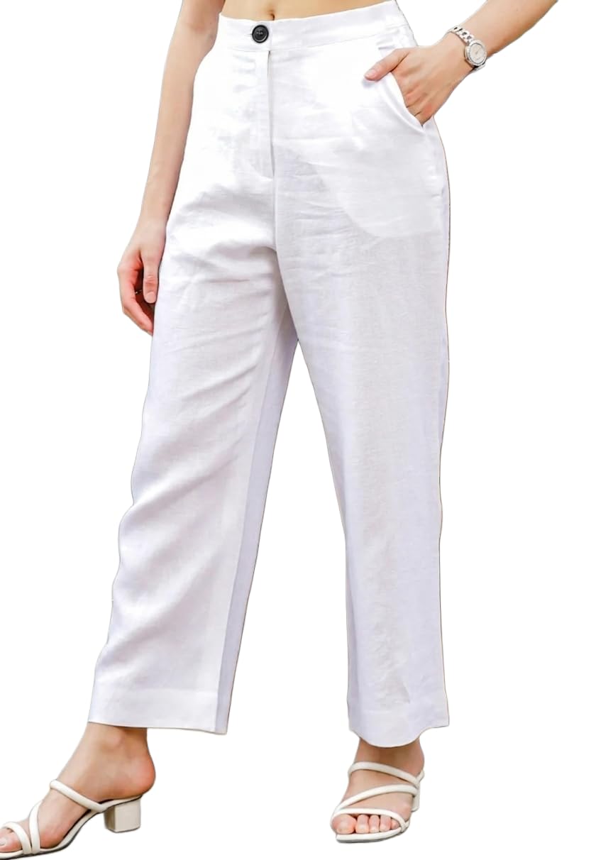 Women Cotton Linen Blend Straight Fit Trousers | High Waist Casual Office Pants | Solid Ankle Length Bottom Wear-image-49