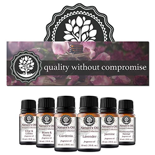 Image of Nature's Oil Floral Set of 6 Premium Grade Fragrance Oils - Lavender, Gardenia, Rose, Jasmine, Honeysuckle, Lilac & Lillies - 10ml