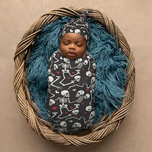 Image of Skull Skeletons in Love Dancing Newborn Swaddle Blankets Hat Sets Soft Baby Receiving Blanket Swaddle Sack for Baby Shower Infant Boy Girl Gift