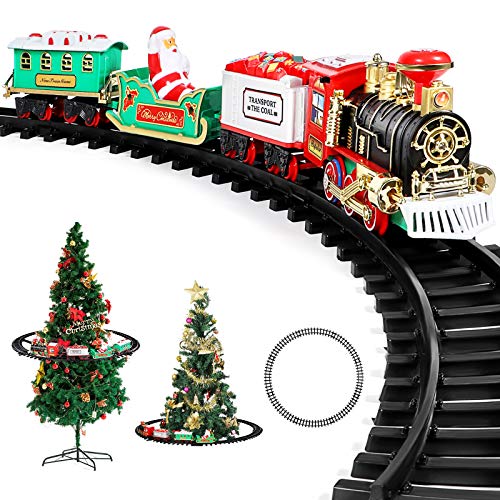 AOKESI Toy Train Set with Lights and Sounds - Christmas Train Set Around Tree - Electric Railway Train Set with Locomotive Engine, Cars and Tracks, Battery Operated Xmas Train Gift for Kids Boys Girls