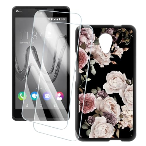 OAGELIM 2 Pack Protège-Écran + Coque Compatible avec Wiko Robby (5.5 Pouce) Coque Impression Artistique Personnalisée et Film Verre Trempé (Fleurs)