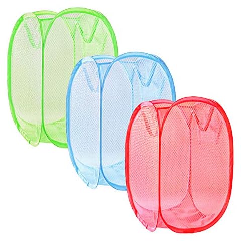 Foldable mesh laundry basket Dirty clothes pop-up storage basket laundry bag with handle and side pocket easy storage and opening (3 Set A, Green+Light Blue+Red) Cover