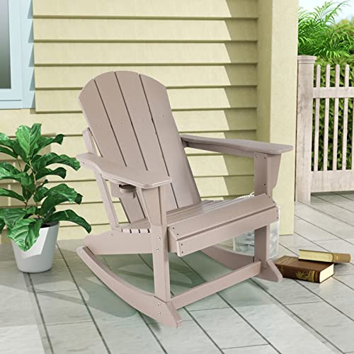 Abcpatio Folding Plastic Adirondack Chair - Rocking Adirondack Chairs With Cup Holder, Weather Resistant Stackable Seating For Patio, Porch, Deck, Pool, Garden, Backyard(Seat Width 21.6", Light Brown) #TOP5