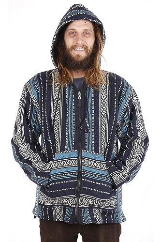 Sunshine Joy Reversible Fleece Lined Woven Baja Style Zip Up Hoodie Hooded Jacket - Navy Stripe