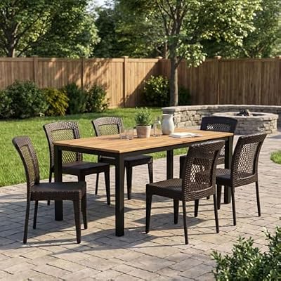 Hassyee 7-Piece Outdoor Dining Set with Acacia Wood Dining Table for Balcony, Backyard, Patio Dining Furniture Set with Comfortable Cushions and Aluminium Frame for Lawn, Poolside (7 PCS Set 2)