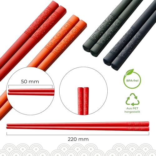 5 par japońskich pałeczek do jedzenia, nadają się do mycia w zmywarce, z PET – bez BPA pałeczki do jedzenia ze wzorami – zestaw pałeczek do sushi w 5 kolorach – stylowe japońskie pałeczki do jedzenia