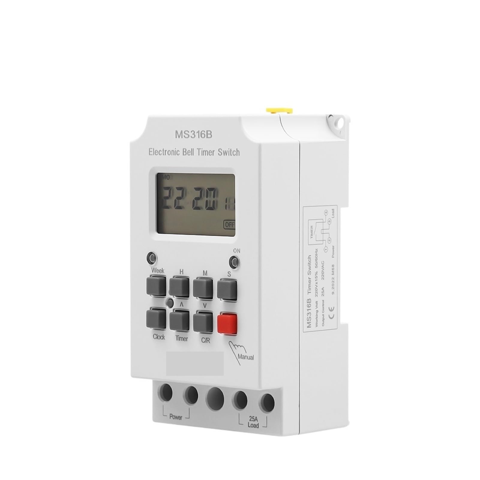 Temporizador de Timbre Escolar, 220 V CA, 25 A, MS316B con Tapa, programable semanalmente, duración de Encendido de 99 Horas, 23 Horas y 59 Segundos, con Pantalla L/C/D
