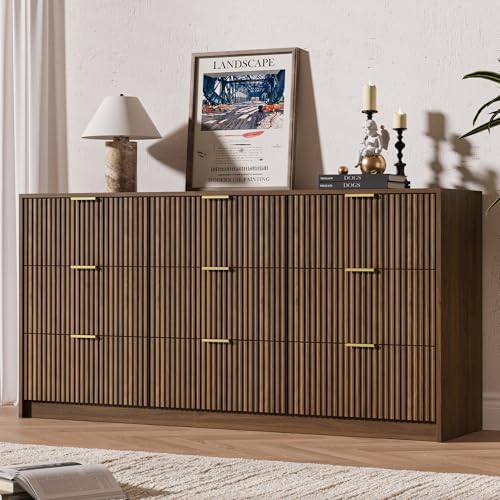 Image of MAISONARIA 9 Drawer Dresser for Bedroom, 63 inch Wide Modern Fluted Dresser with Gold Metal Handles, Chest of Drawers for Bedroom, Living Room, Entryway, Hallway, Walnut