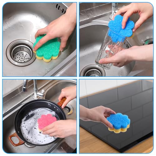 Image of Oruola 3pcs Flower Sponges, Dual-Sided Temperature Scrubbies for Dishes | Flower Kitchen Scrub Pads, Dish Washing Sponge,Dual-Sided Temperature Scrubby Sponges for Dish Bathroom Kitchen Washing Plus