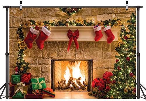 LYWYGG 7x5FT Christmas Backdrop Christmas Fireplace Backdrop Christmas Trees Backdrop Christmas Dinner Background Cloth Family Party Decorations Eve Fireplace Photography Background CP-282