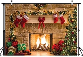 LYWYGG 7x5FT Christmas Backdrop Christmas Fireplace Backdrop Christmas Trees Backdrop Christmas Dinner Background Cloth Family Party Decorations Eve Fireplace Photography Background CP-282
