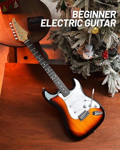 Image of Leo Jaymz Beginner Electric Guitar Complete Kit with Portable Amp, Padded Gig Bag & Full Accessories, Maple Neck SSS Pickups (Sunburst)