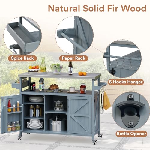 Outdoor-Grill-Cart-Stainless-Steel-Tabletop-Outdoor-Kitchen-Island-Solid-Wood-Outdoor-Buffet-Cabinet-with-Lockable-Wheels-for-Grilling-Gray-Blue Outdoor Grill Cart Stainless Steel Tabletop Outdoor Kitchen Island Solid Wood Outdoor Buffet Cabinet with Lockable Wheels for Grilling Gray Blue