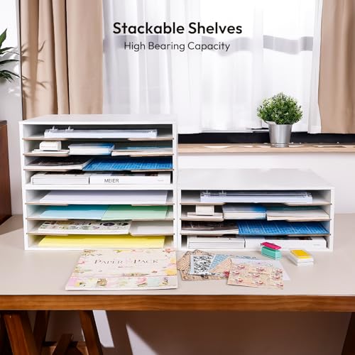 Image of Yumkfoi 12x18 Construction Paper Organizer, 4-Tiers Paper Storage Shelf, Wooden Desk Organizer, File Holder and Letter Tray for Office, Home, Classroom