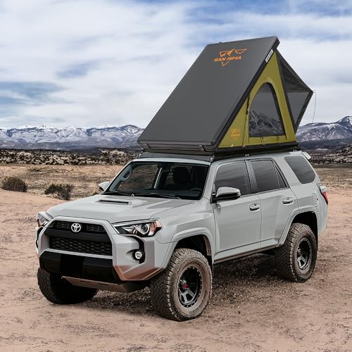 Sanhima Rooftop Tent Hard Shell - Hotham Lite Overland Aluminium Roof Top Tent 4.56' Slimline, w/Tri-Color LED Strip Light & 1.97” Thick Mattress, for Car SUV Truck Camping, 2-3 People