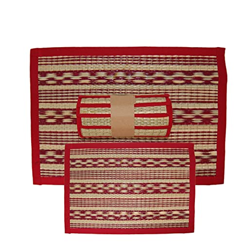 Best Gift Hand Woven Soft Reed & Fabric Square 6PCS TABLE MATS Set & 2 Size CARPET, Natural Look Placement Rush Hotel Dining Table Decor Mats Pack (6 Mats)