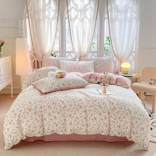 Image of VM VOUGEMARKET Girl's Pink Flower Duvet Cover Set, Twin, Pink White
