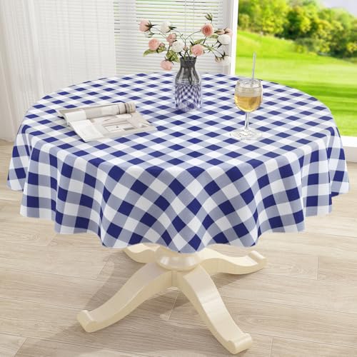 Image of misaya Round Waterproof Vinyl Table Cloth, Buffalo Flannel Backed Tablecloth, Wipeable Plastic Table Cover for Dinner, Kitchen, Outdoor (70 inch, White and Navy)