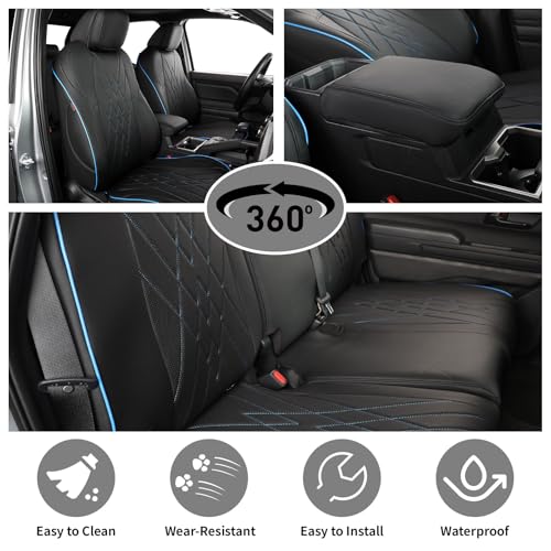 Image of EKR Tacoma Car Seat Covers Custom Fit for Toyota Tacoma (Petrol) 2024 2025 2026 DoubleCab /CrewCab SR /SR5 /TRD Sport /TRD Off-Road /Limited -Truck Seat Covers Full Set,Faux Leather (Black with Blue Trim)