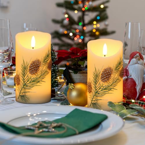Image of Wondise Flameless Candles with Timer, Battery Operated Flickering 3D Wick Real Wax Pine Cone Candles for Christmas Holiday Indoor Decoration, Set of 2, Ivory(D3 x H5.7 Inch)