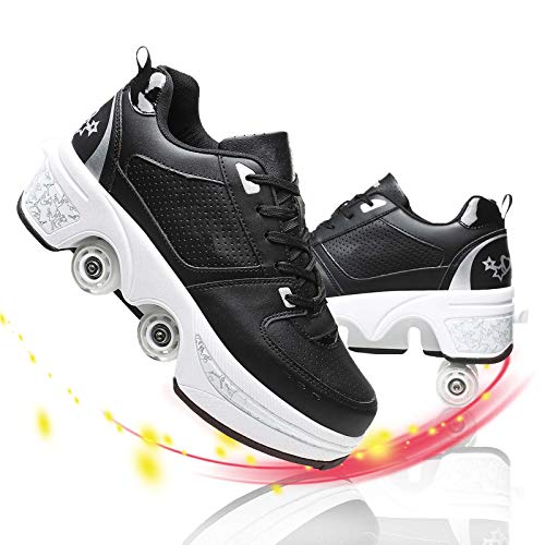 Verstellbar Rollschuhe Damen, Unsichtbare Inline-Skate Mit LED, 2-In-1- Abnehmbar Riemenscheibe Schuhe Für Anfänger Kinder (Black White, 37) Cover