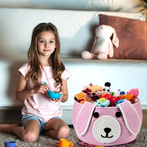 Image of Zopeal Dog Woven Basket Cute Woven Cotton Rope Puppy Animal Storage Basket for Laundry Toy Gift(Pink,13 x 8 Inch)