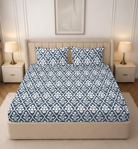 Image of RD TREND Premium Soft Cloud Cotton Floral Bedsheet for Double Bed | Size-90x90 Inches Queen Bedsheets with 2 Matching Pillow Covers (18x28 Inch) Slate Blue