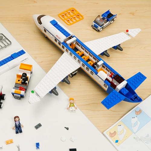 Image of SKY LINE OCEAN Passenger Airplane Building Set, Airport Playset with Shuttle Bus, Luggage Truck, Boarding Stairs, and 7 Minifigures, STEM Toy for Kids Aged 6-12 || 2 Years Warranty || (463+ Pieces)