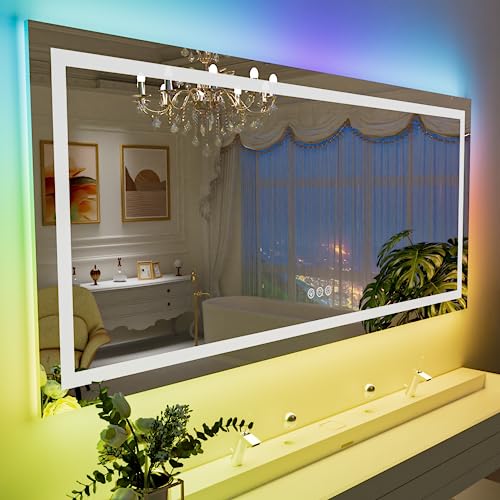 LOAAO 55”X36“ RGB LED Bathroom Mirror with Lights, Large, Anti-Fog, Dimmable Smart Lighted Bathroom Vanity Mirror, Multiple Light Modes, RGB Backlit + Front Light, Memory Function, Tempered Glass