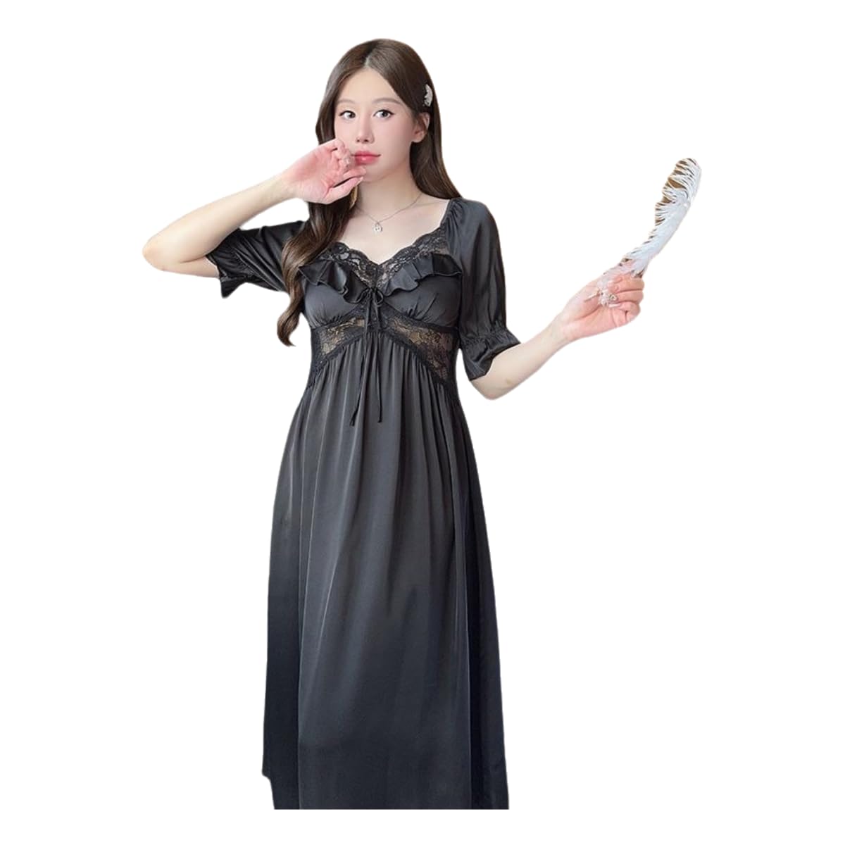 Abito da Notte Donna Maniche Corte Pizzo Sexy V-Collo Seta Raso Lungo Nightgown, Pigiama Carino, Loungewear, Nightgown-Nero-l