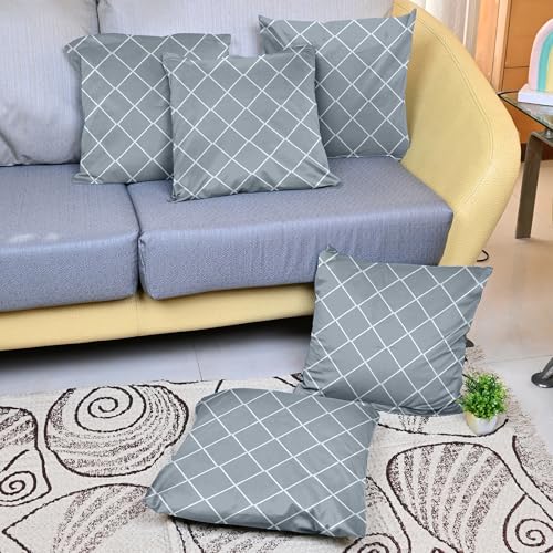 Image of Divine Casa Decorative Cushion Cover Set of 5 Grey | Velvet Feel Polyester Cushion Covers 16x16 Inch | Sofa Cushion Covers with Silver Lace Border | Modern Cushion Covers