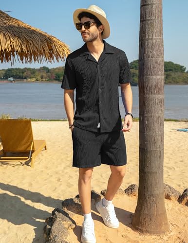 Image of ZAFUL Men's 2 Pieces Sets Outfits Summer Beach Set Short Sleeve Button Down Zip Up Shirt And Short Sets