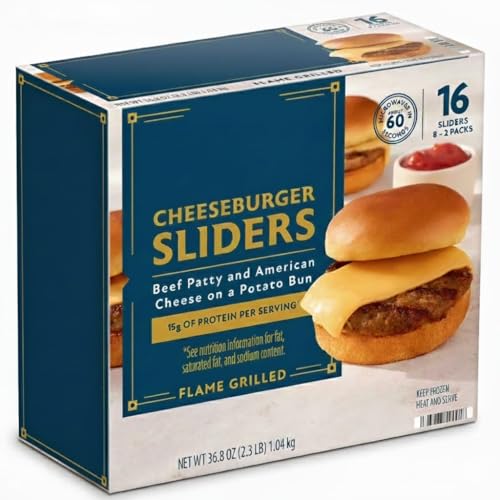 Cheeseburger Sliders, Frozen, Flame Grilled Beef Patty with Cheese on a Potato Bun, Made with real american cheese, 15g Protein per serving 36.8 oz., 16 ct.