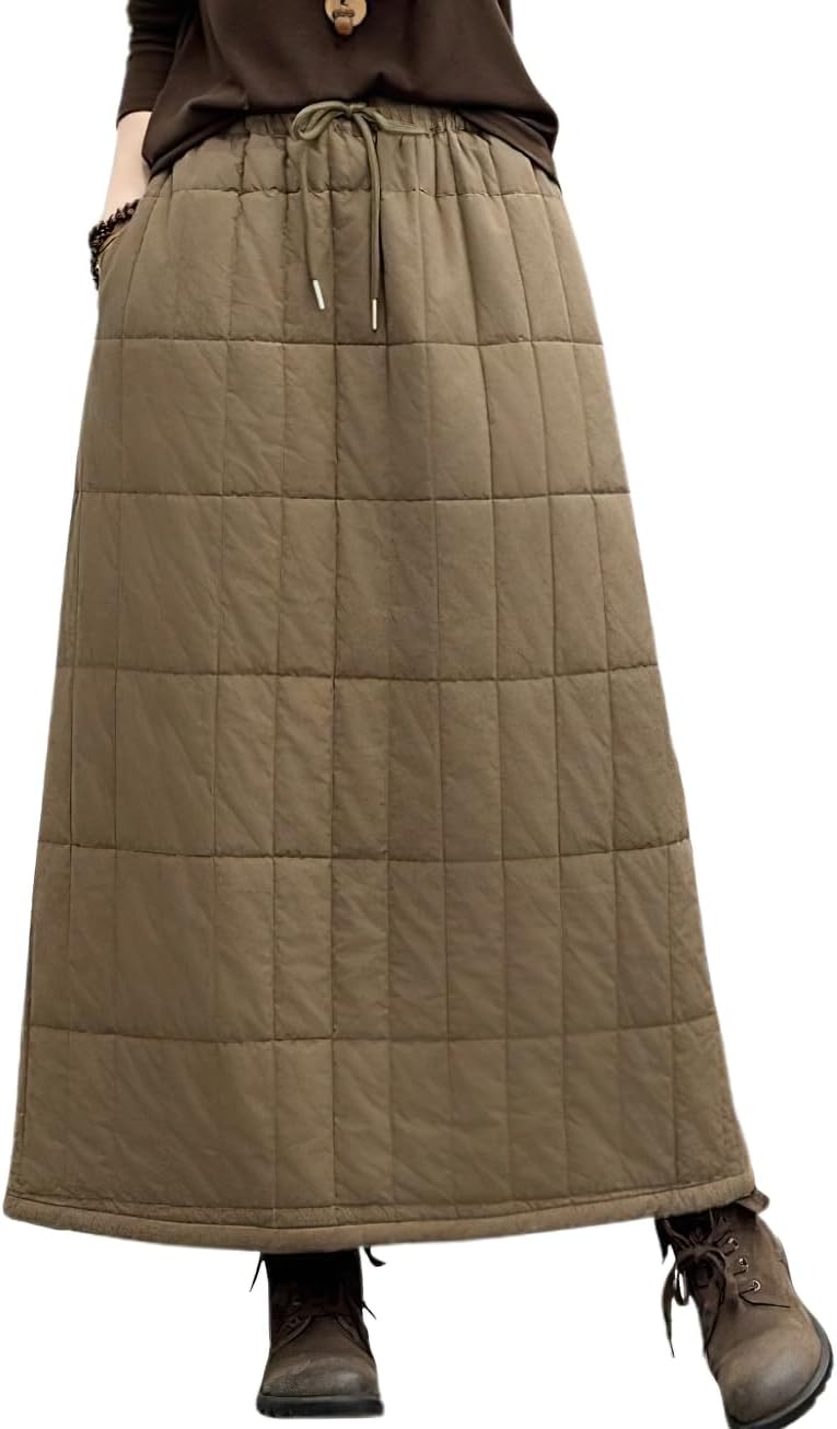chouyatou Women's Winter Elastic Waist Padded Quilted Midi Long Puffer Insulated Skirt with Pockets