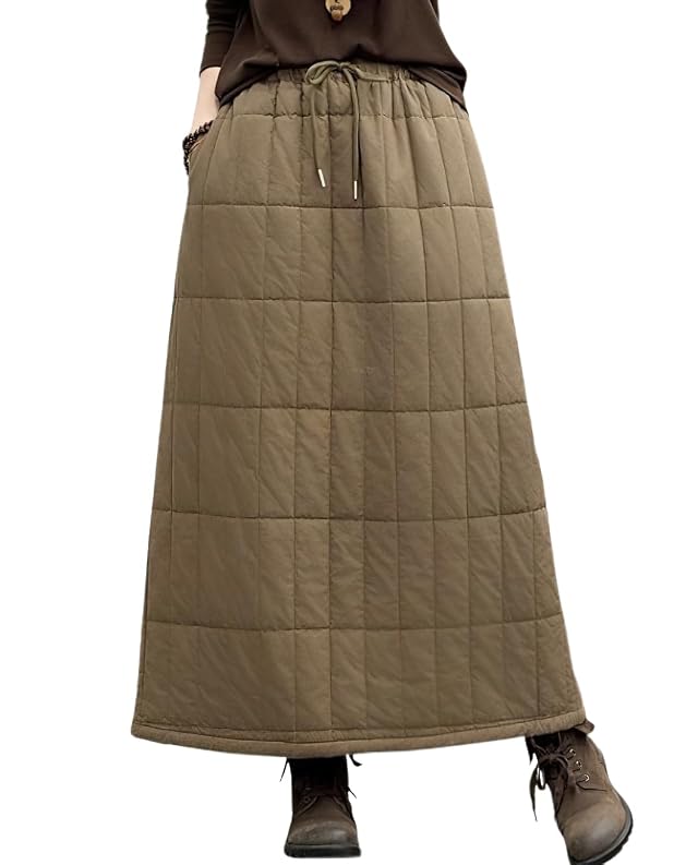 chouyatou Womens Winter Elastic Waist Padded Quilted Midi Long Puffer Insulated Skirt with Pockets