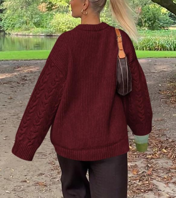 Okiwam Women's Oversized Sweaters Crewneck Cable Knit Pullover Casual Loose Fall Outfits Fashion Clothes 2025