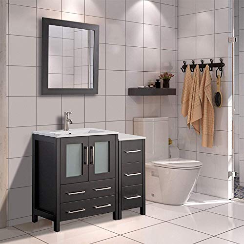 Vanity Art 36 Inch Single Sink Modern Bathroom Vanity Combo Set 1 Side Cabinet 1 Shelf 5 Dove-Tailed Drawers Ceramic Top Bathroom Cabinet With Free Mirror Va3024-36-E #TOP5