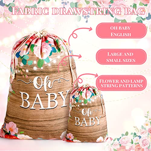Perkoop 2 Pcs Baby Shower Bags For Boy Or Girls Gift Birthday Party 20" Large 12" Small Rustic Flower Reusable Drawstring Gift Bag Floral Fabric Wood Grain Wrap Bags For Newborn Gender Reveal Party #TOP2