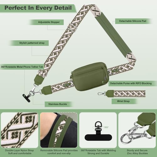 Image of YFWE Clip and Go Strap for Phone with Wallet Crossbody, Adjustable Phone Lanyard with Detachable RFID Wristlet Wallet, Pattern Strap - Olive Green(M)